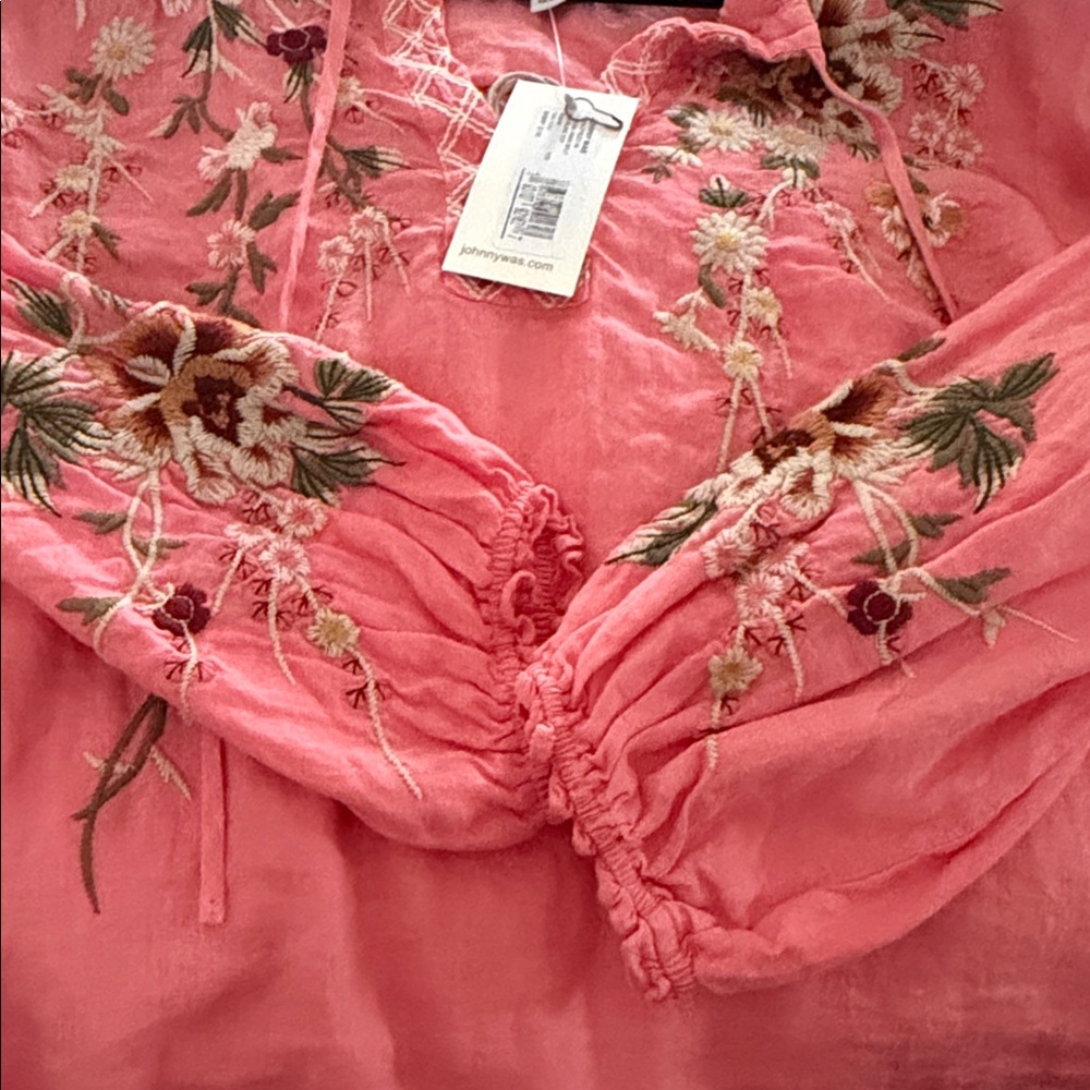 Johnny Was Coral Embroidered Floral V-Neck Tunic - Picture 4 of 6